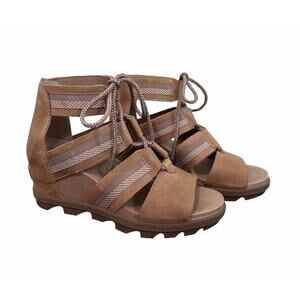 SOREL Joanie II Lace Up Wedge Sandals Ash Brown Leather Womens 7.5 Boho Resort